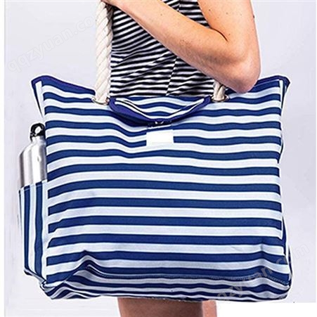 雅创蓝色条纹帆布沙滩包手提印花大容量单肩购物袋 棉布袋手提袋