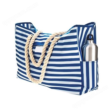 雅创蓝色条纹帆布沙滩包手提印花大容量单肩购物袋 棉布袋手提袋